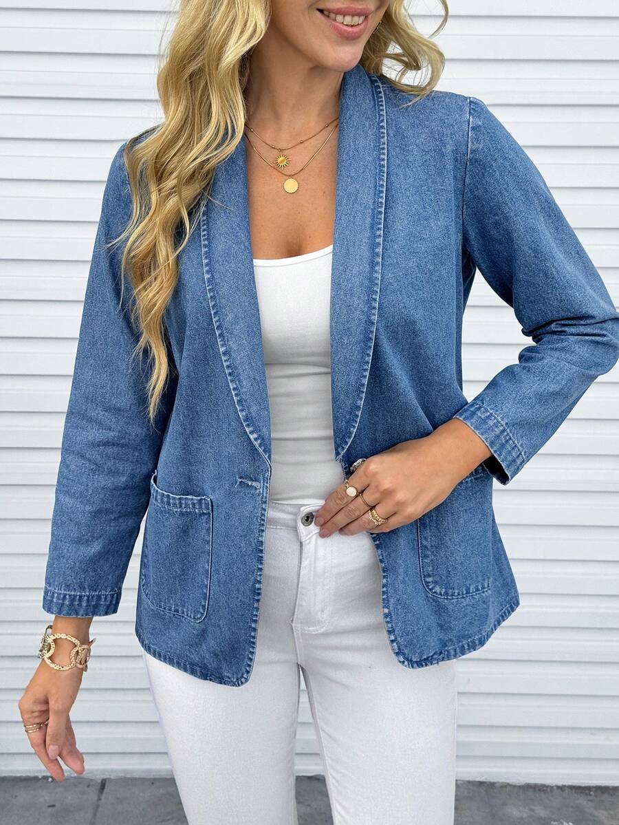 EMERY ROSE 女士时尚休闲单扣牛仔外套 - 藍色 - 查看 1