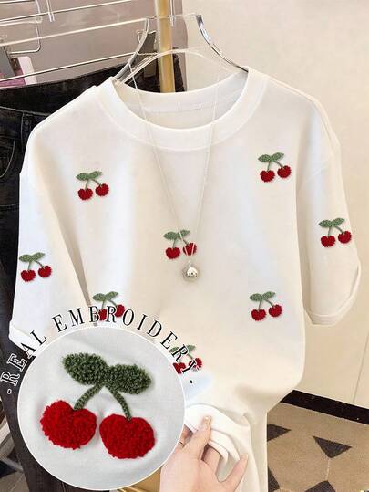 Resyla Women's Fashion Casual Drop Shoulder Round Neck T-Shirt, Cherry Embroidery T-Shirt, Cherry Towel Embroidery T-Shirt, Casual Comfortable Outdoor T-Shirt, All Season T-Shirt, Fruit T-Shirt