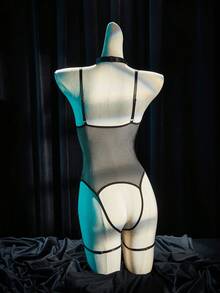 SpicyHot Bộ đồ lót 4 món gợi cảm dành cho nữ, mang phong cách cổ điển, bí ẩn, thời thượng, cá tính, trưởng thành, cực kỳ quyến rũ: áo liền thân lưới cỡ lớn không đáy + vòng cổ + 2 dây đeo chân. - màu đen - Xem 2