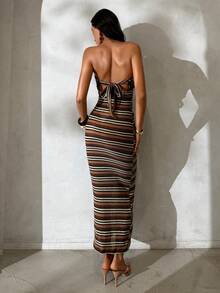 Aloruh 女士性感前环装饰针织提花修身金属条纹抹胸度假连衣裙 - 彩色 - 查看 6