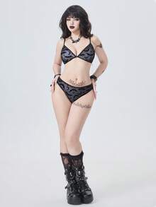 ROMWE Goth 女士夏季沙滩蝙蝠印花性感比基尼泳装套装 - 黑色 - 查看 5