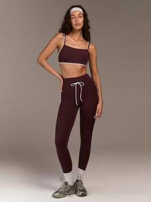 Fluxe Set de 2 piezas: Top corto deportivo y leggings de cintura alta con cordón para mujer - Café integral - Ver 3