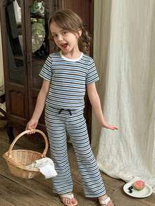 LMoss Kids 2pcs/Set Young Girl Striped Crew Neck Casual T-Shirt And Skinny Pants Outfit,Kids - Dusty Blue - View 5