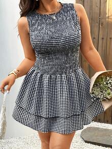 Sunnyshic Đầm mini dáng ôm không tay, kiểu dáng cổ điển lãng mạn dành cho nữ cỡ lớn, thiết kế viền hai lớp, chất liệu kẻ caro có họa tiết, thích hợp cho kỳ nghỉ, du lịch vùng quê và mặc vào mùa xuân/hè. - Nhiều màu - Xem 1