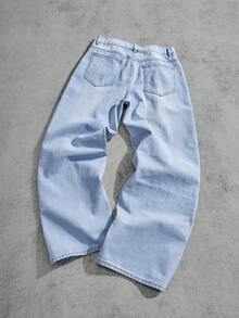 Manfinity EMRG 男士破洞牛仔裤，带口袋，磨边牛仔裤，纯色长款宽松破洞浅蓝色工装牛仔裤，适合送给丈夫、男朋友的礼物 - 淺色水洗藍 - 查看 6