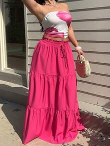 Sunnyshic Set de 2 piezas con top tubo y falda maxi con estampado floral rosa de moda para verano, conjunto de playa - Rosa - Ver 7