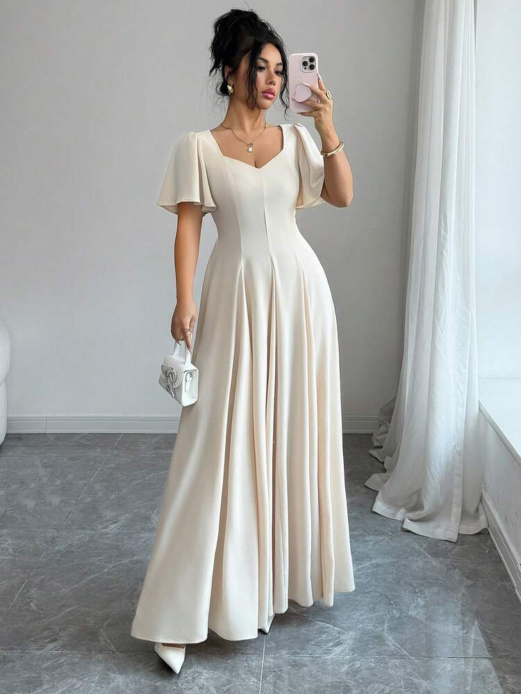 cream a line dress with sleeves Elenzga Women's White Sweetheart Neck Square Collar A-Line Maxi Dress,Elegant Summer Dining Wedding Party Bride Prom Gown,Short Flare Sleeve Vintage Primary Color:Pink pair with pointed court WWII era fashion 90s Vintage Green Prom