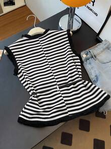 GlowEve Women's Black & White Striped Crew Neck Sleeveless Casual Shirt With Tassel Trim And Front Button Closure - Black and White - View 2