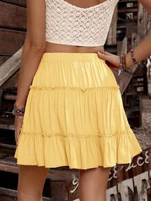 Breezaya 女士纯色弹力腰荷叶边休闲半身裙 - 鵝黃色 - 查看 2