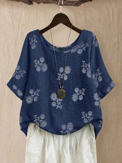 EMERY ROSE Large-Sized Woven Casual And Simple Summer Women's Shirt Women Blouses Summer Linen Tops Women Cotton Tops Women Summer Casual Tops Women Summer Blue Floral Top