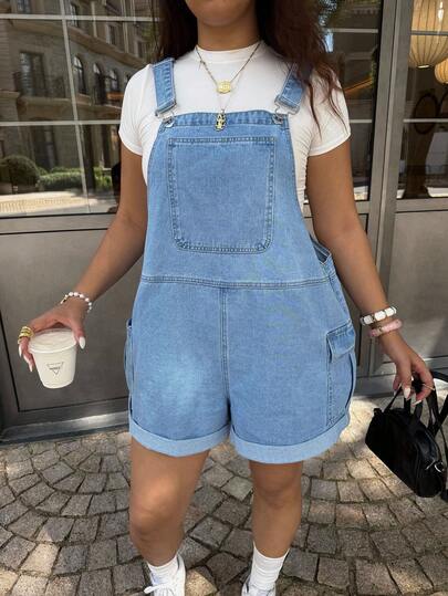 Dripcurv Plus-Size Women's Blue Retro Jumpsuit, Street-Style Preppy Denim Overalls Shorts, New Year's Outfit