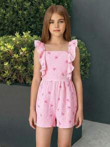 SHEIN 适合度假的少女条纹方领短袖宽松连体裤 - 粉色 - 查看 2