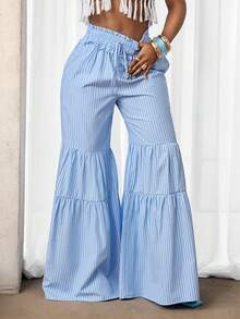 BamGleam 女士荷叶边腰带条纹阔腿裤，夏季假期，女士海滩装，女士度假装，女士假日装，夏季假期，度假装，假日装，女士度假装，流苏阔腿夏季裤 - 藍白色 - 查看 6