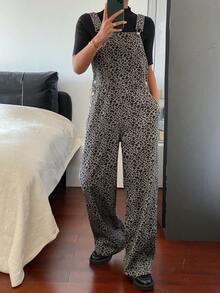 Livesso Women's Leopard Print Pocketed Casual Wide Leg Denim Jumpsuit, Autumn/Winter Spring - Coffee Brown - View 9