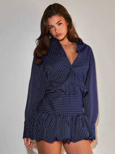 COSMINA Women's Elegant Striped Long Sleeve Mini Dress, Suitable For Work And Commute, All Season,  Blue Two Piece Set Women,  Stripe Dresses For Women,  Striped Blouse ,  Wrap Tops For Women,  Blue Striped Shirt