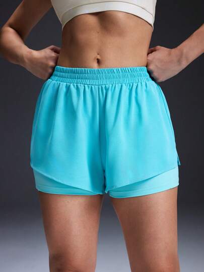 Powerista Women's Casual Solid Color Elastic Waist Faux Two-Piece Sports Shorts, Summer