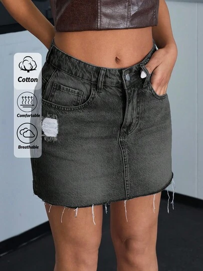 EURMUSE WOMEN LOW WAIST MINI SKIRT RAW EDGE MEDIUM BLUE WASH