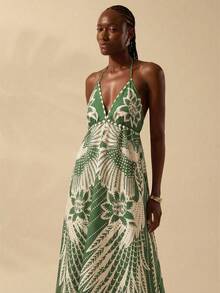 CAJUNI 女士度假热带波西米亚印花吊带系带休闲沙滩夏季长裙 - 綠色 - 查看 9