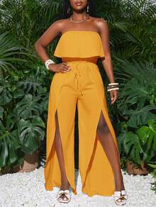 Slaydiva Nuevo mono informal de vacaciones con abertura alta y sin tirantes, color blanco - Amarillo - Ver 5