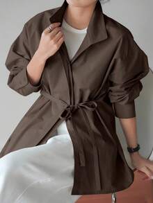 Dazy-Less 女士宽松商务休闲长袖衬衫，抽绳腰部设计，适合办公室、通勤、春夏/秋季 - 棕色 - 查看 2