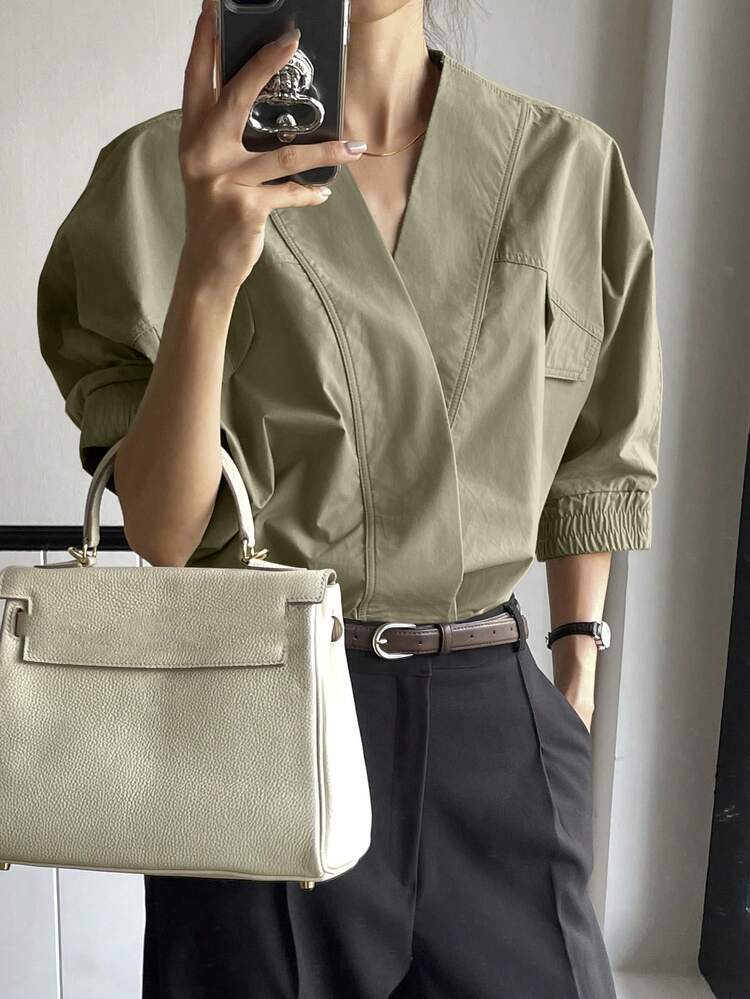 Women's V-Neck Asymmetrical Placket Loose Simple Design Mid-Sleeve Casual Shirt Business Casual Women Preppy Tops