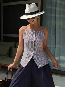 Livesso Camiseta sin mangas ajustada de mujer con rayas y abotonadura sencilla - Café integral - Ver 5