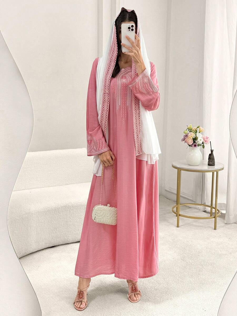 Yasmyna Elegant Geometric Embroidered Pink Abaya With Headscarf