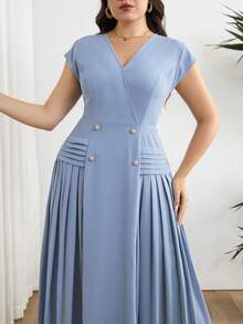 Modelyn Plus Size Elegant Solid Color Pleated Dress, Summer - Blue - View 4