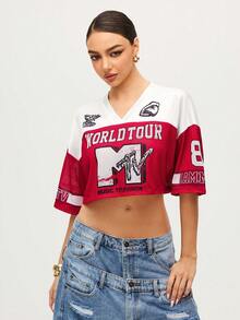 MTV | SHEIN Women's Summer Street Patchwork Mesh Letter Graphic Cropped Drop Shoulder T-Shirt - Red and White - View 4