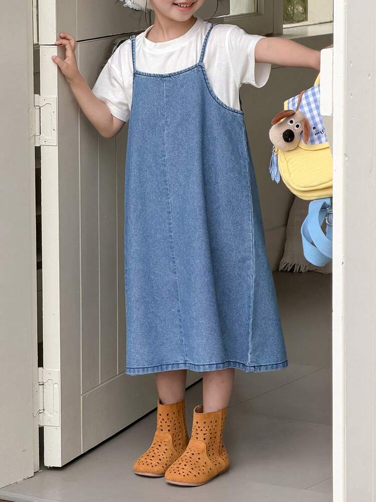Young Girl' Spaghetti Strap Korean Style Flared Denim Dress