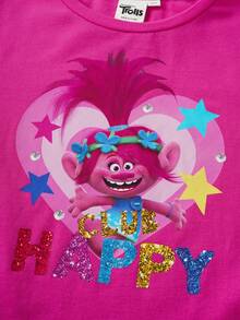 SHEIN Trolls Tween Girls' Casual Everyday Commute Cartoon Letter & Star Print Short Sleeve T-Shirt And Flare Pants Set, Spring/Summer/Autumn - Pink - View 7