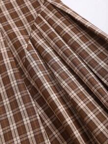 Sweetra 女士船领浪漫复古格子学院风系带蝴蝶结腰身优雅无袖A字连衣裙，春夏款 - 咖啡 - 查看 5