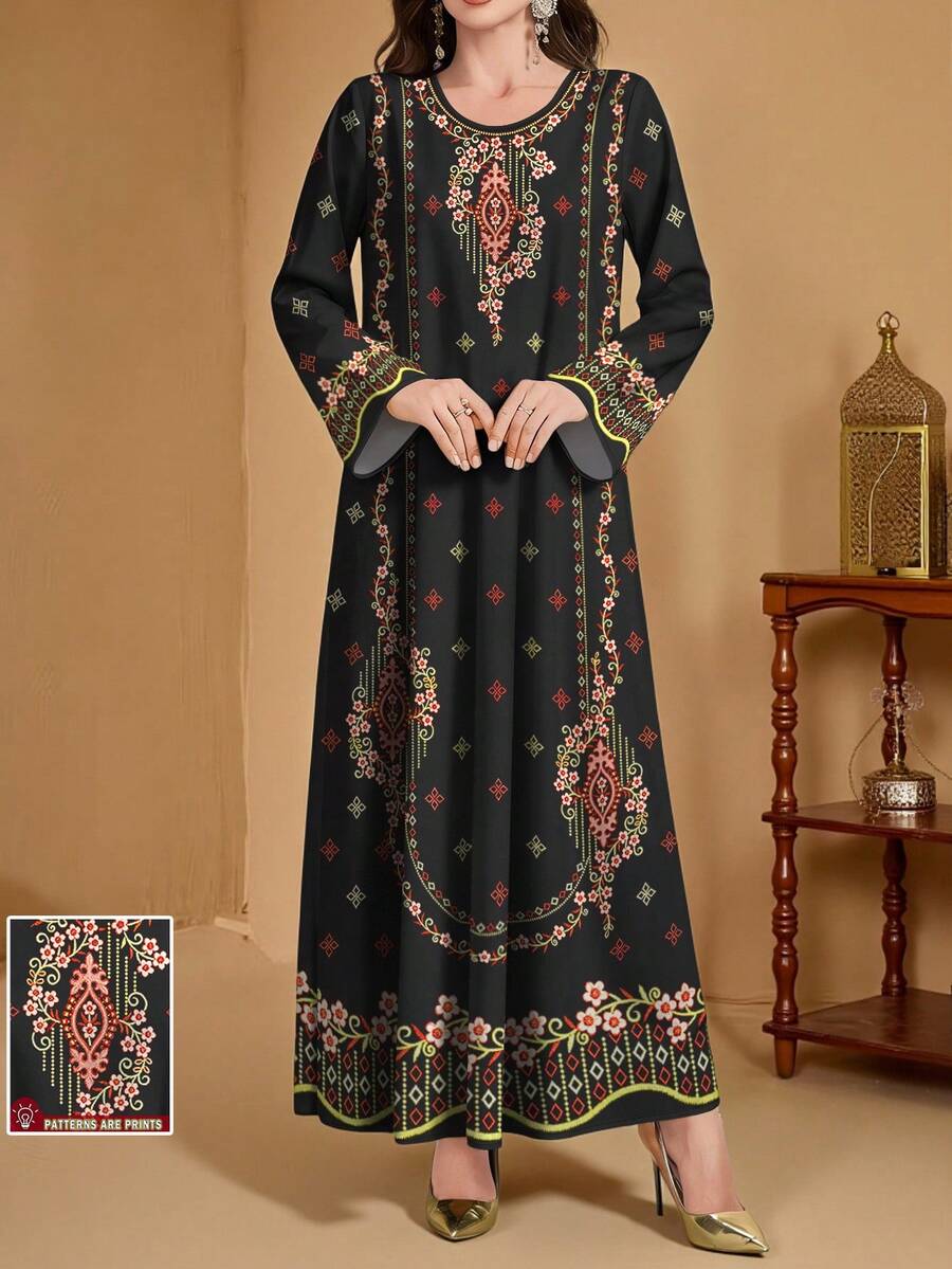 SHEIN Najma 女士复古花卉几何V领长袖优雅阿拉伯风格连衣裙，春季 - 彩色 - 查看 1