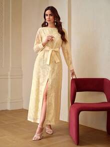 ZEYLAH 提花腰带宽松V领优雅连衣裙，春夏款 - 淡黃色 - 查看 7