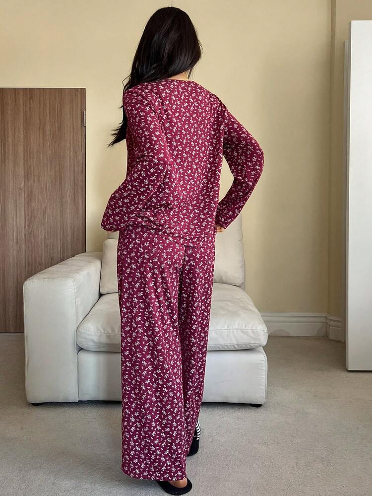Contrast Color Lace Patchwork Floral Knit Cardigan Women Pajama Set