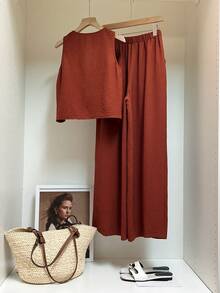 SHEIN Frenchy 2pcs Women's Summer Boho Vacation Holiday Rust Brown Linen Set,Embroidered V-Neck Tank Top And Wide Leg Pants,Casual Comfy Modest Two Piece Outfits - Brown - View 5