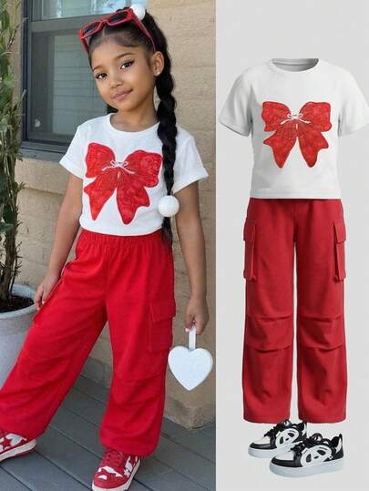 2pcs/Set Young Girls Bow Contrast Color Knit T-Shirt + Cargo Pants Casual Fashion Outfit