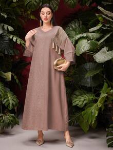 Al Najma V-Neck Loose Fit 3/4 Sleeve Patchwork Fringe Design Abaya - Coral Pink - View 5