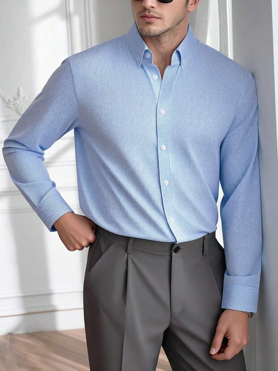 Core Aspect 男士休闲商务通勤格子印花长袖衬衫，春秋季商务休闲衬衫，男士浅蓝色衬衫，复古正装，日常通勤和旅行的百搭必备单品，男士蓝色正装衬衫，浅蓝色男士衬衫 - 藍色 - 查看 1