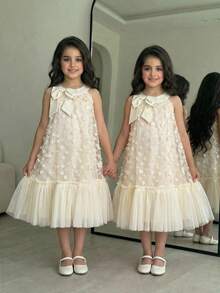 SHEIN Tween Girl Loose Elegant Stand Collar Sleeveless 3D Floral Mesh Ruffle Hem Dress,Kids - Apricot - View 5
