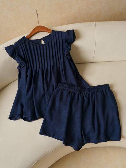 Elaquor Plus Size Women Solid Color Pleated Ruffle Sleeve Shirt And Shorts Casual 2 Piece Set Blue 2 Piece Set Pleated Top And Shorts Sets Spring Casual Vacation Outfit Spring Casual Two Piece Sets For Women