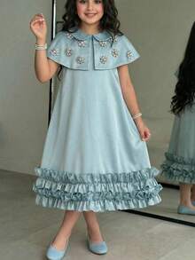 SHEIN Tween Girl Elegant Rhinestone Decorated Cape Collar Straight Dress Set Tween Girl - Green - View 4