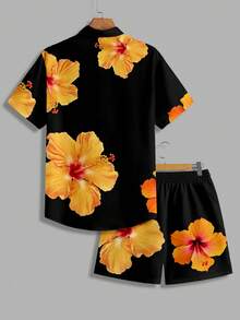 VIVINTIMO Men's Hibiscus Floral Print Vacation Style Shirt Set - Black - View 3