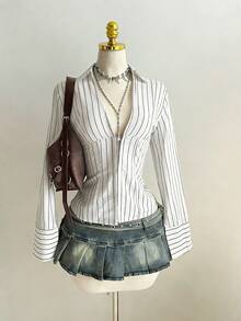 Elamini 1pc Black V-Neck Striped Collar Slim Fit Button-Up Long Sleeve Sexy Blouse For Commuting & Daily Wear, Winter - White - View 1