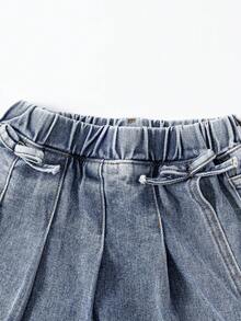 Young Girl Denim Shorts, New Casual Fashion Bow Design Washed Dark Blue Denim Pleated Skorts - Blue - View 6