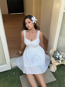 Sunnyshic Plus Size V-Neck Lace Patchwork Cinched Waist Flared White Dress, Spring/Summer - White - View 6