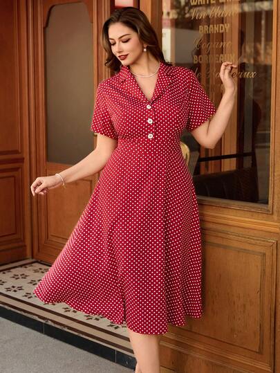 EMERY ROSE Plus Size Vintage Polka Dot Vacation Dress