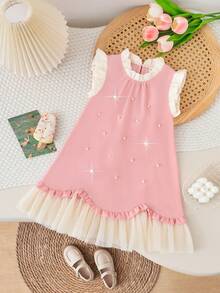 SHEIN Gaun Kasual Anak Perempuan Motif Blok Warna Pink & Aprikot dengan Hiasan Mutiara Jala, Cocok untuk Pemakaian Sehari-hari & Bepergian - Berwarna merah muda - View 4
