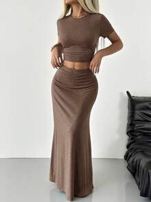 SHEIN EZwear Brown Knit Women's Slim Fit Commuter Suit - Brown - View 4