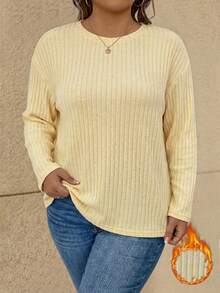 SHEIN Plus Size Solid Color Ribbed Long Sleeve T-Shirt, Casual & Versatile, Autumn/Winter Light Yellow Top Butter Yellow Top Ribbed Sweater Yellow Ribbed Top Ribbed Shirt Yellow Sweater Sweaters For Women - Light Yellow - View 3